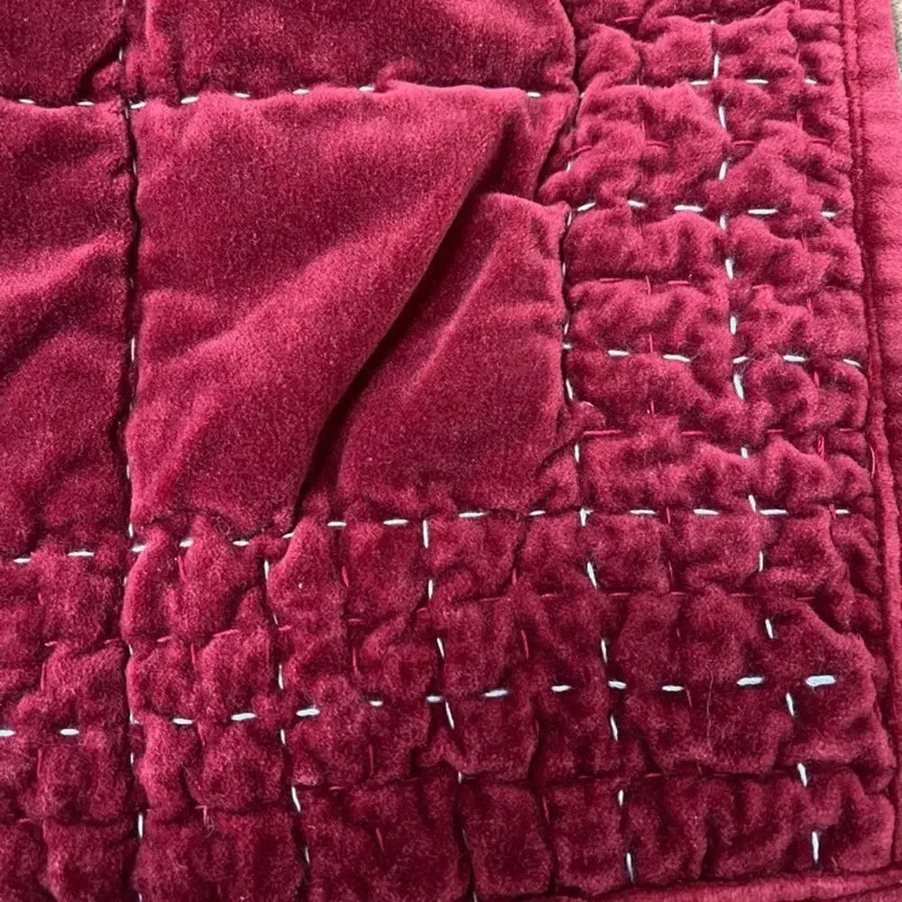 Pottery Barn Red Velvet Handcrafted Box Stitch Quilted Euro Sham Pair